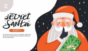 Секретный шаблон приглашения санта-клауса санта-клаус показывает молчаливый жест с подарком и надписью