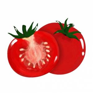 Рисунок помидора с зелеными листьями и нижней частью помидора