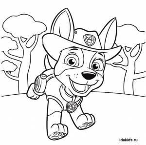 Раскраска Щенячий Патруль Трекер в лесу