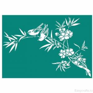 Трафарет клеевой многоразовый Птицы на ветви с цветами
