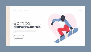 Шаблон целевой страницы для сноуборда зимние экстремальные виды спорта спортсмен, одетый в зимнюю одежду, делает трюки