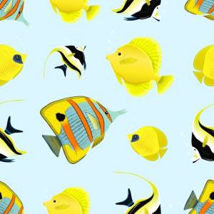 Шаблон мавританского идола, тропических рыб-бабочек и зебры-сома, бесшовные модели желтых парусных рыб