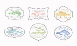 Винтажная рамка значки  шаблоны логотипов набор сома мойва, макрель, скумбрия и т