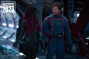 Звёздный Лорд и Гамора на кадре Стражей Галактики 3