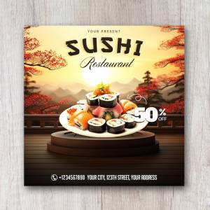 Суши, японская еда, флаер, пост в социальных сетях, шаблон баннера