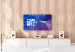 Smart TV Hanging on Wooden Wall Mockup Шаблон Stock