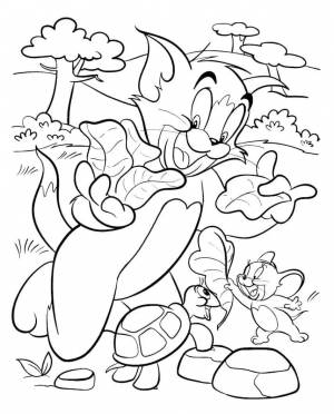 Раскраска «Том и Джерри кормят черепашку»