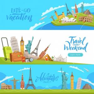 Туристические баннеры исторические достопримечательности для путешественников исследование на открытом воздухе векторные шаблоны с местом для текста иллюстрация туристического тура