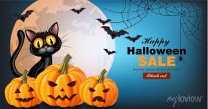 Черная кошка и тыквы вектор хэллоуин карты