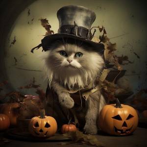 Белый кот в хэллоуине в шляпе ведьмы и тыквах