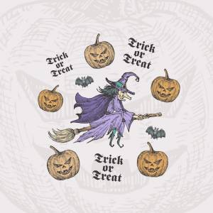 Trick or treat halloween векторный фон  шаблон карты ручной рисунок шляпы ведьмы и тыквы с эскизом паука и винтажной типографикой праздничная декоративная композиция