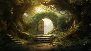 Волшебный арочный дверной портал внутри дерева посреди леса