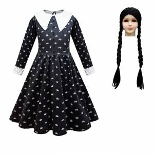 The Addams Cosplay Family Wednesday Addams Cosplay Costume Halloween Black Dress for Girls Kids Cosplay Costume Wig