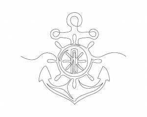 Непрерывный однолинейный рисунок якоря и штурвала корабля