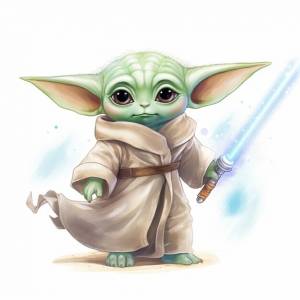 Крупный план малыша йоды, держащего световой меч с генеративным искусственным интеллектом