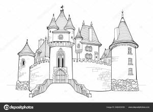 Иллюстрация Старинного Средневекового Замка Королевство Фей Черно Белая  Детской Векторное изображение ©Nataljacernecka 656422436