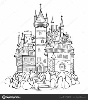 Иллюстрация Старинного Средневекового Замка Королевство Фей Черно Белая  Детской Векторное изображение ©Nataljacernecka 651926896