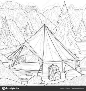 Поход Палатка Горах Ландшафт Раскраска Книги Антистресс Детей Взрослых Черно Векторное изображение ©vlasenko