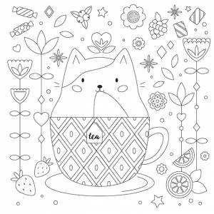 Раскраска антистресс каракули с кошкой в чашке