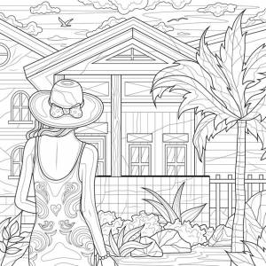 Девочка смотрит на дом и пальмыраскраска антистресс для детей и взрослых