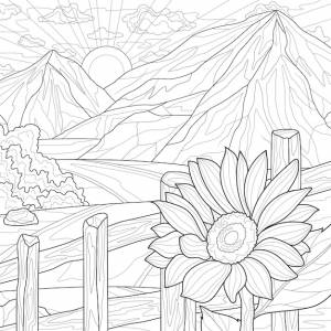 Подсолнух и пейзаж с горамираскраска антистресс для детей и взрослых