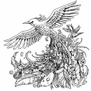 Раскраска антистресс птица с красивым хвостом