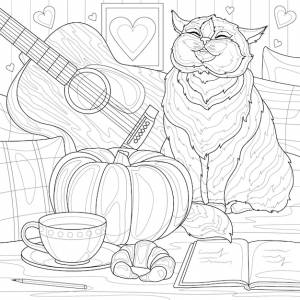Кот гитара и тыква на кроватираскраска антистресс для детей и взрослых
