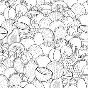 Каракули фрукты бесшовные модели для раскраски книга еда раскраски черно-белый фон