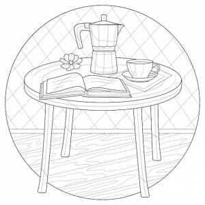 Кофеварка, чашка кофе и книга на столе