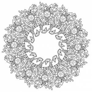 Раскраска антистрессовая мандала с узорами из лимонов и цитрусов целиком и половинками