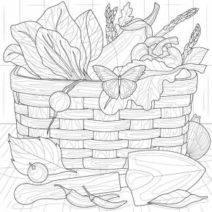 Урожайная корзинаовощи в корзинераскраска антистресс для детей и взрослыхв стиле зентангл ручной рисунок