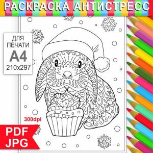 Новогодний кролик 2023 Раскраска