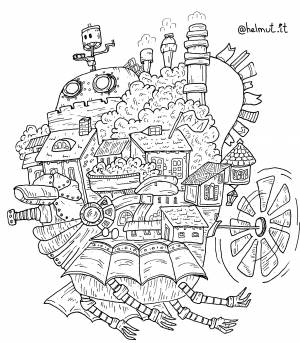 Иллюстрация Раскраска-Антистресс «Ходячий замок Хаула» в стиле 2d