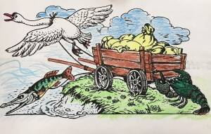 Лебедь рак и щука рисунок детский