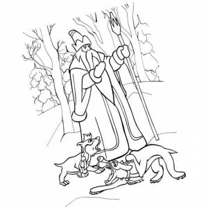 Раскраска по сказке 12 месяцев Январь и мачеха с дочкой в виде собак