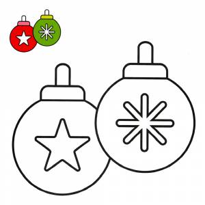 Раскраска Ёлочные игрушки с цветным образцом