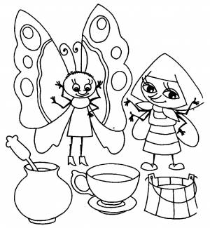 Раскраска Муха Цокотуха угощает насекомых