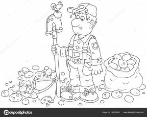 Богатый Урожай Картофеля Улыбающийся Фермер Лопатой Картошкой Ведре Мешке Черно Векторное изображение ©AlexBannykh 191813492