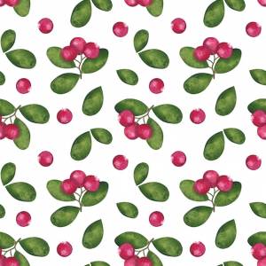 Бесшовный бесконечный узор клюква с зелеными листьями красными спелыми ягодами ботанический рисунок ручная акварельная иллюстрация на белом фоне