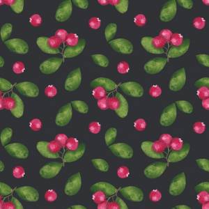 Бесшовный бесконечный узор клюква с зелеными листьями красными спелыми ягодами ботанический рисунок ручная акварельная иллюстрация на черном фоне