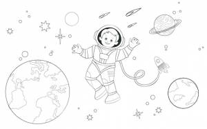 Книжка-раскраска юный космонавт парит в открытом космосе на фоне земли, планет и звезд