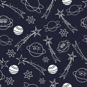 Бесшовный рисунок светящихся падающих звезд планет и созвездий на голубом ночном небе