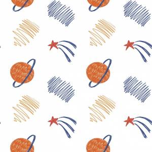 Абстрактный векторный бесшовный рисунок для печати карандашным рисунком планет и звезд на белом фоне