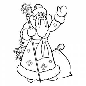 Раскраска Дед Мороз с ёлкой и мешком подарков