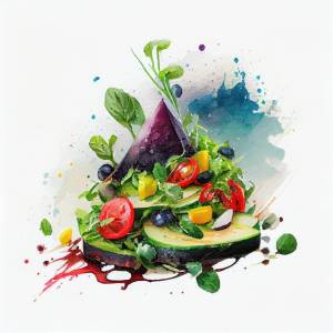 Акварельный рисунок салата с черникой, помидорами и другими овощами