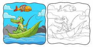 Мультфильм иллюстрация рыбалка крокодил книжка-раскраска  страница для детей