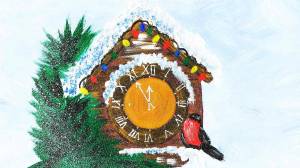 Как нарисовать новогодние часы со снегирем красками гуашь