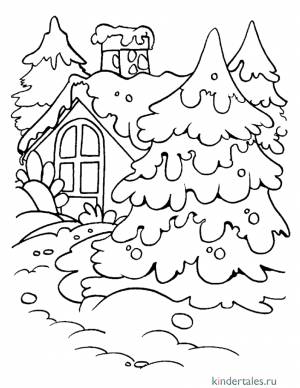 Домик в зимнем лесу» раскраска для детей