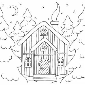 Раскраска рождественский домик в зимнем лесу