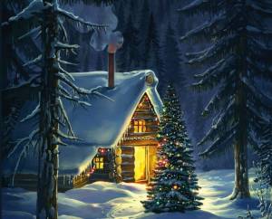 Зимний рисунок домик в лесу